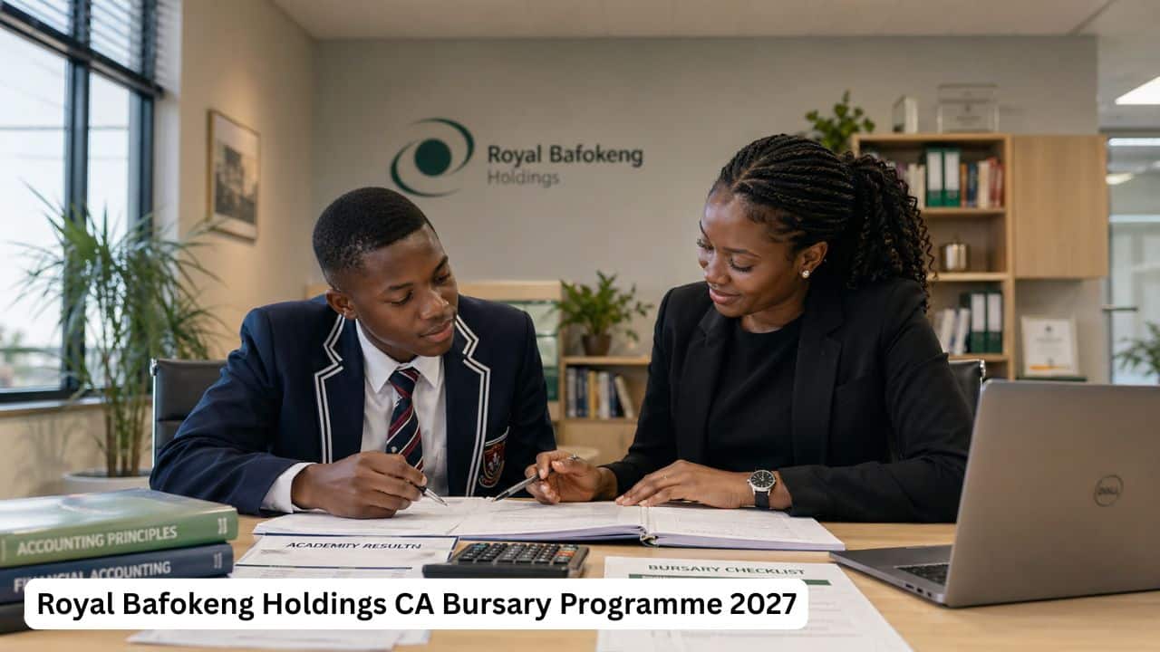 Young South African learner preparing Accounting Sciences bursary documents for the Royal Bafokeng Holdings CA Bursary Programme.