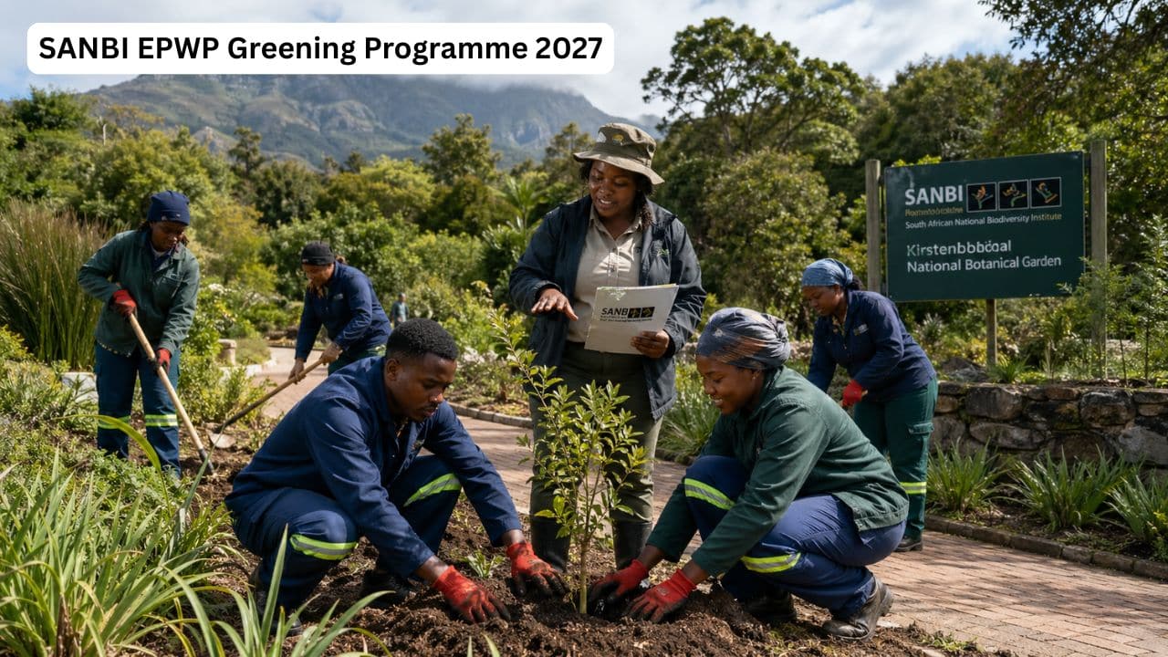 Young South African EPWP participants planting trees and maintaining a botanical garden through the SANBI Greening Programme.