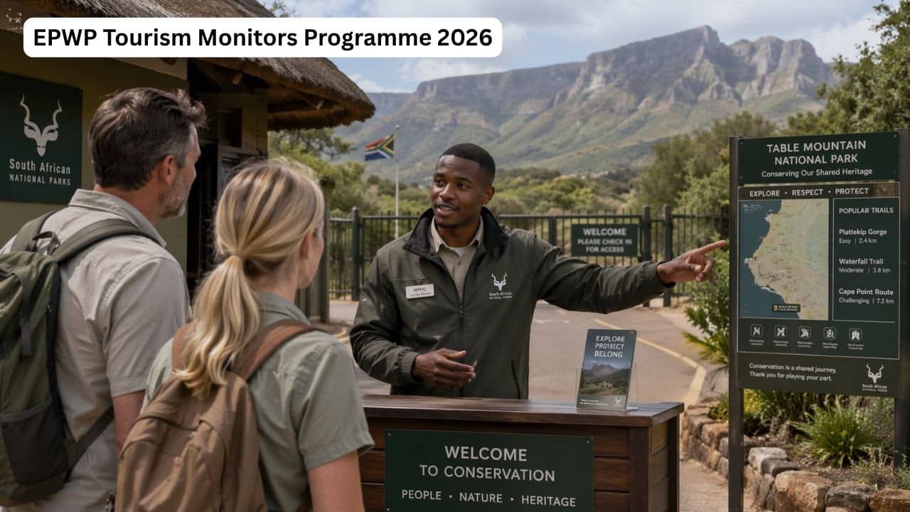 Young South African tourism monitor assisting visitors at a SANParks site during the 2026 EPWP programme