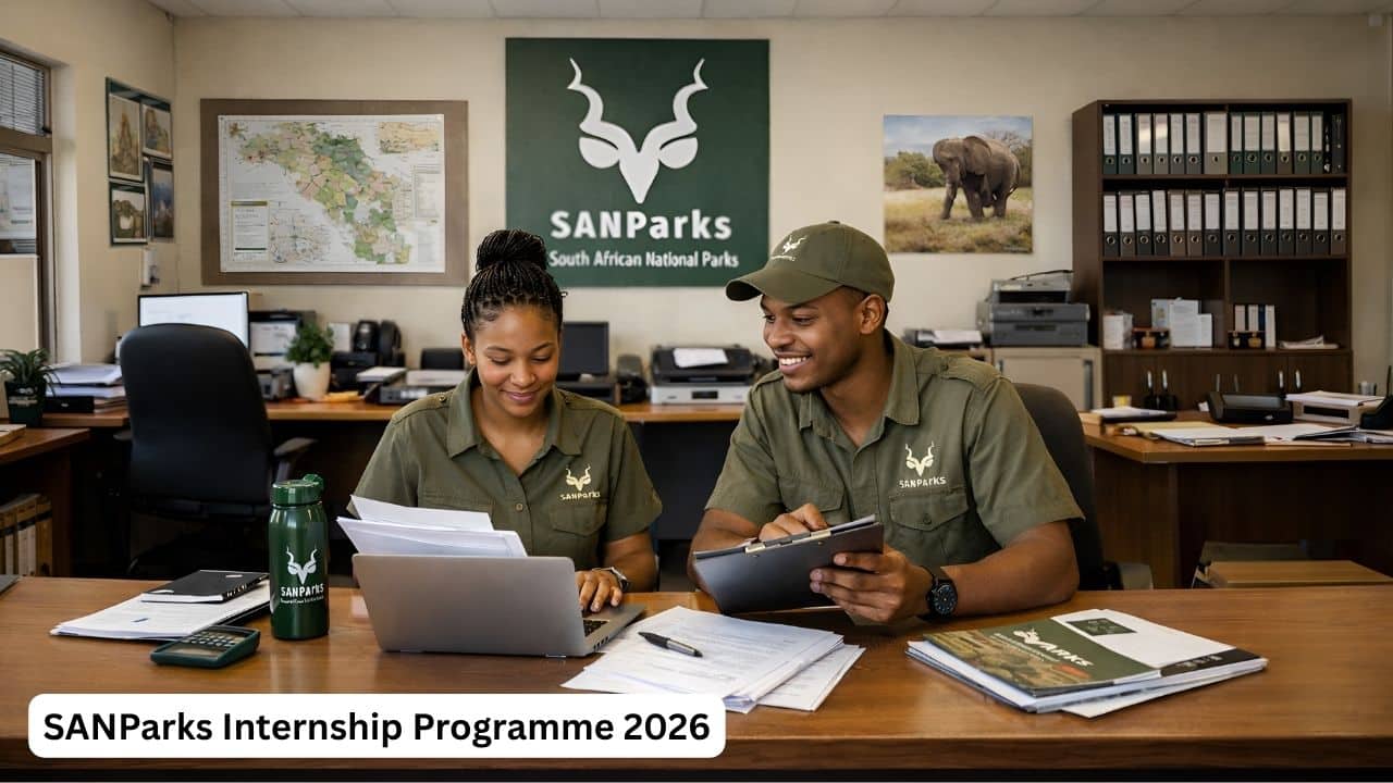South African graduates in a SANParks internship office environment preparing documents and discussing programme opportunities