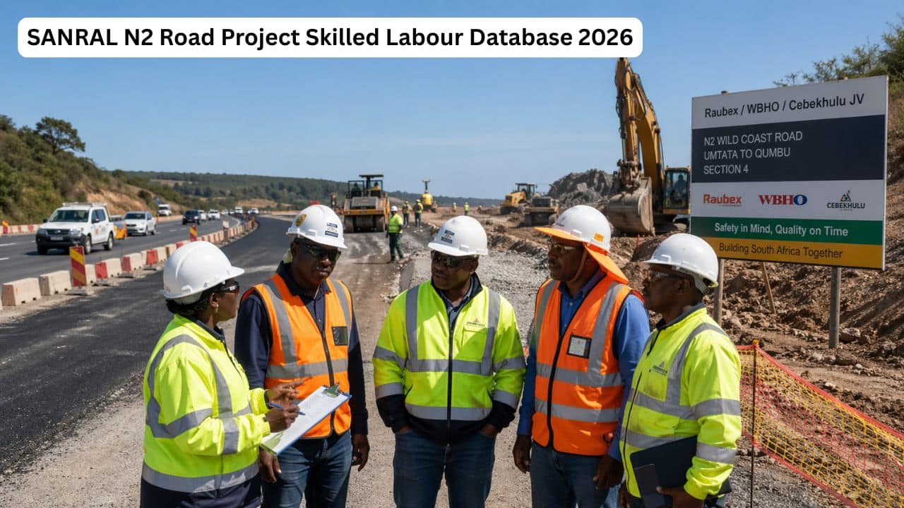 Skilled road construction workers at the SANRAL N2 Section 34 project site