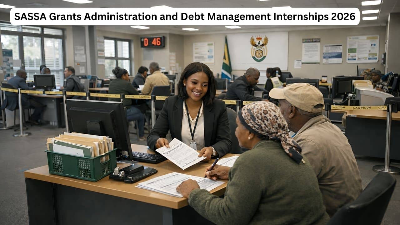 Young graduate working in a SASSA-style public service office for the 2026 Grants Administration and Debt Management internship programme