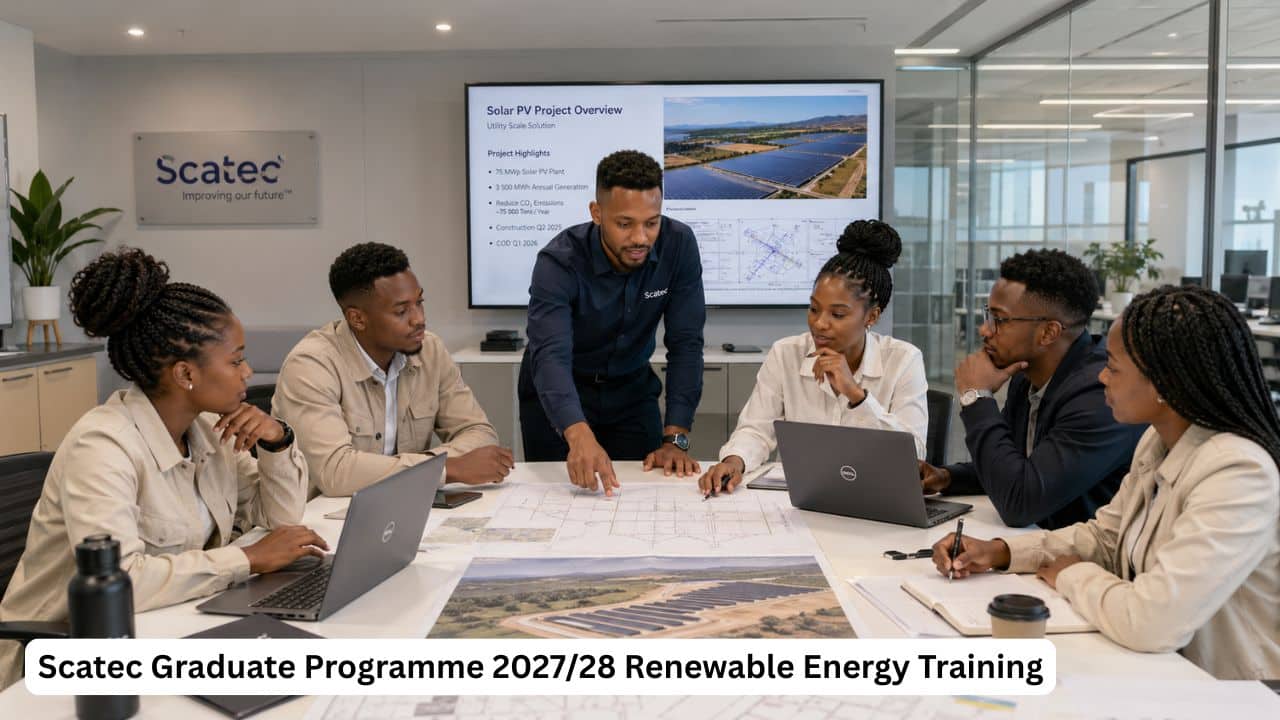 South African graduates attending a Scatec renewable energy graduate training session in a modern office.