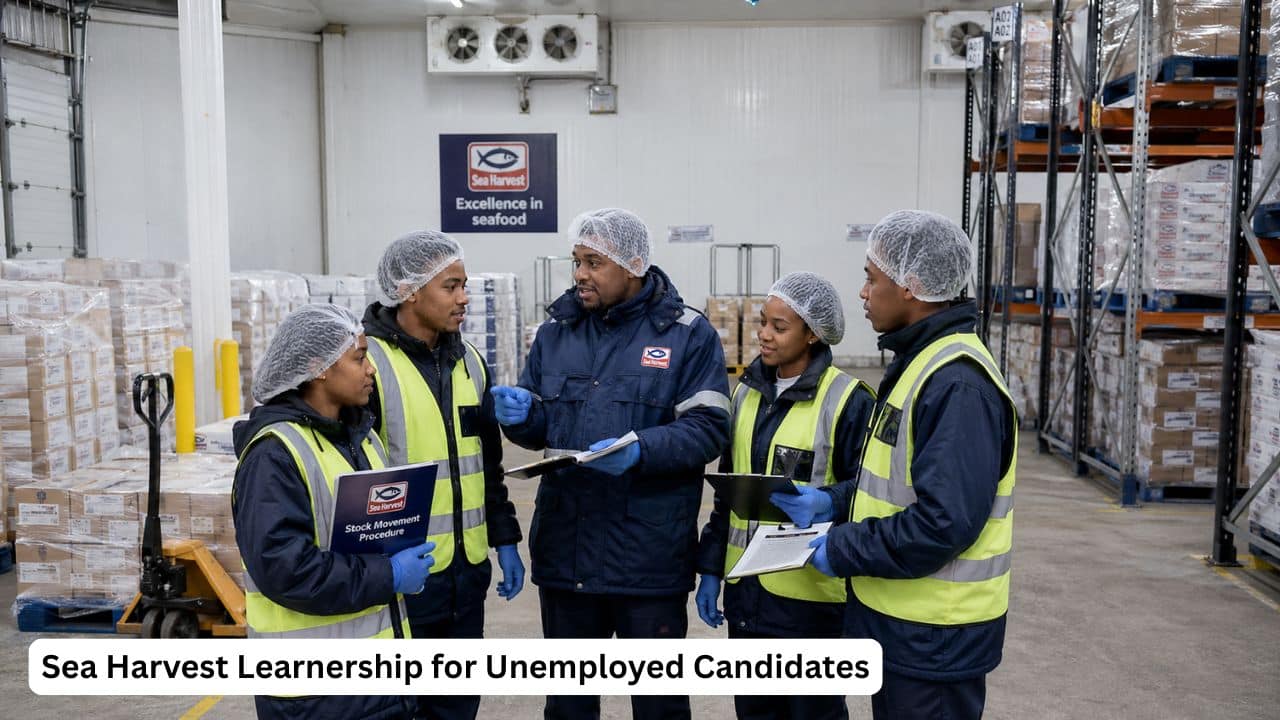 Young South African learners receiving coldstore operations training at Sea Harvest.