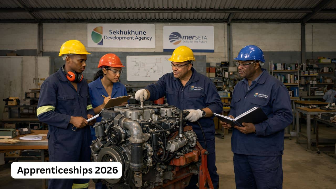 South African diesel mechanic apprentices and artisans in a technical training workshop