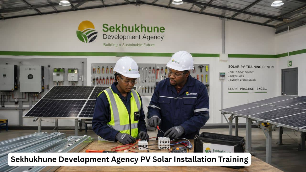 Young South African solar installation trainee learning photovoltaic panel installation during SDA training.