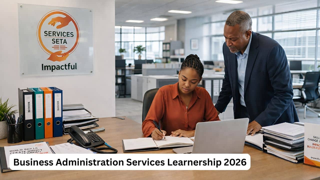 Young South African business administration learner working in a professional office environment
