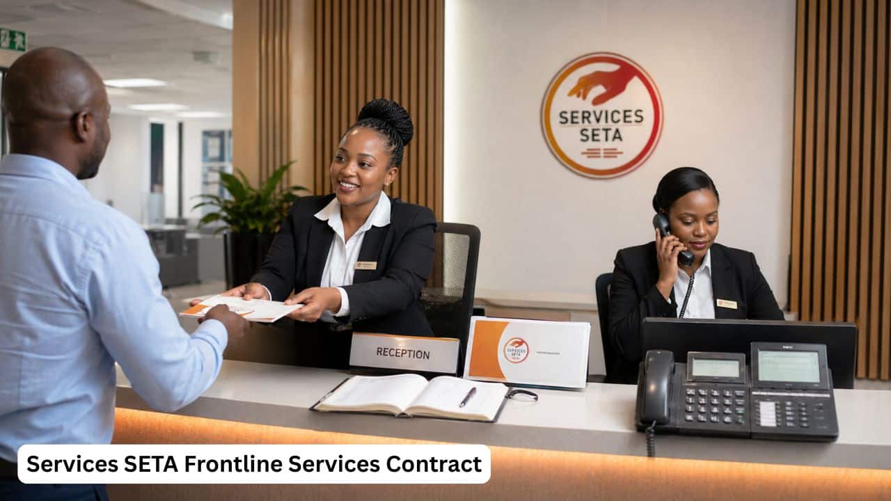 South African frontline services staff assisting visitors and answering switchboard calls at a Services SETA reception desk
