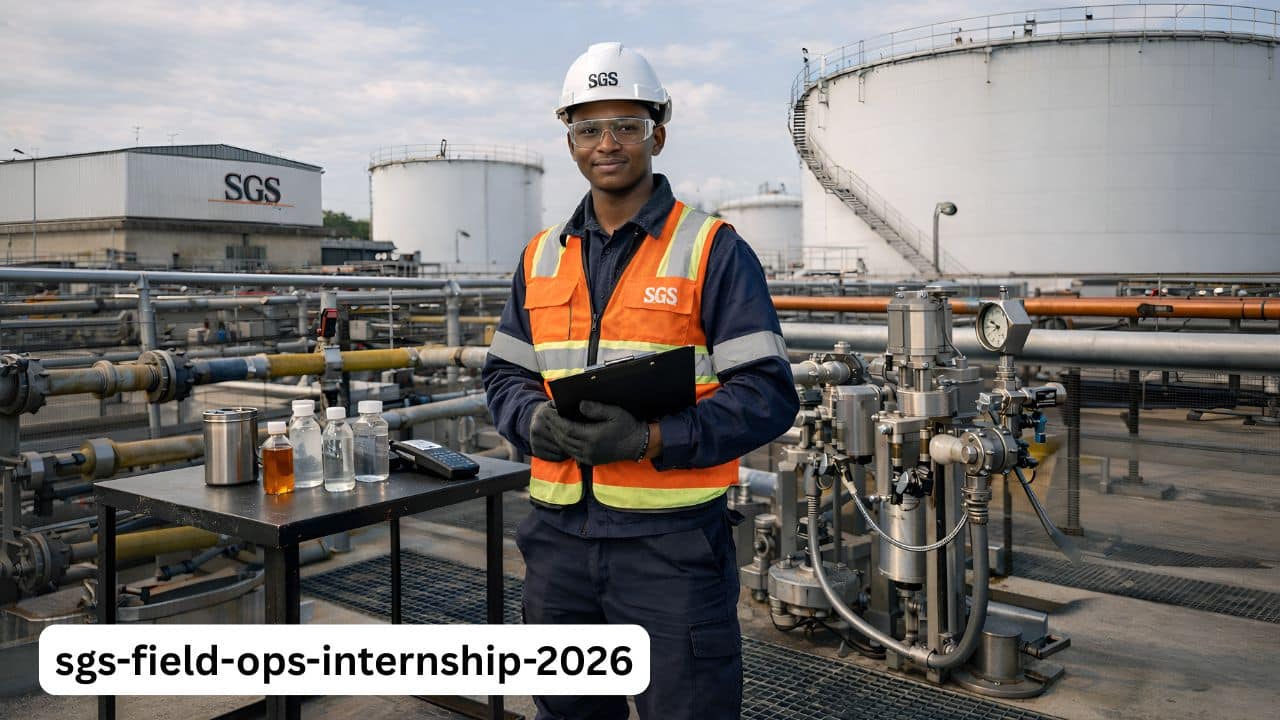 SGS field operations intern in safety gear at an industrial inspection site