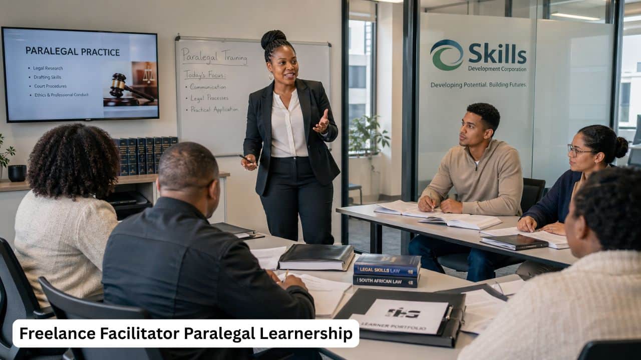 South African facilitator training adult learners during a paralegal learnership programme.