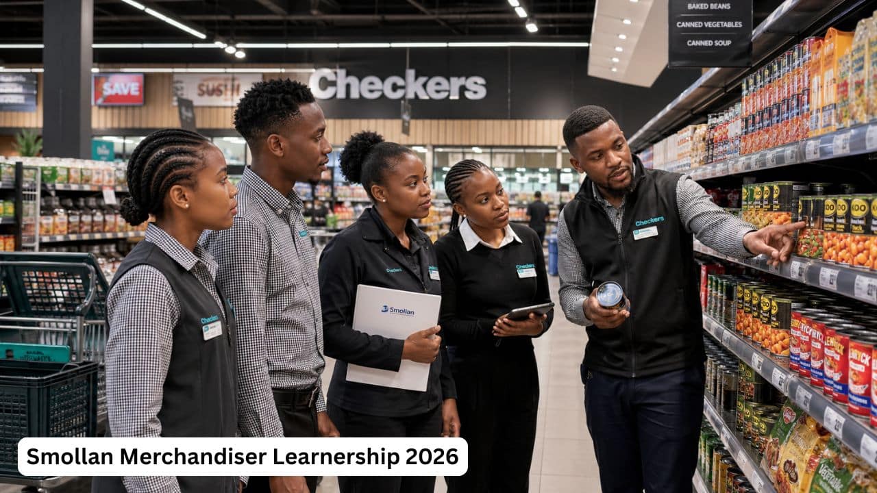 Young South African learners receiving retail merchandising training through Smollan at a Checkers store.