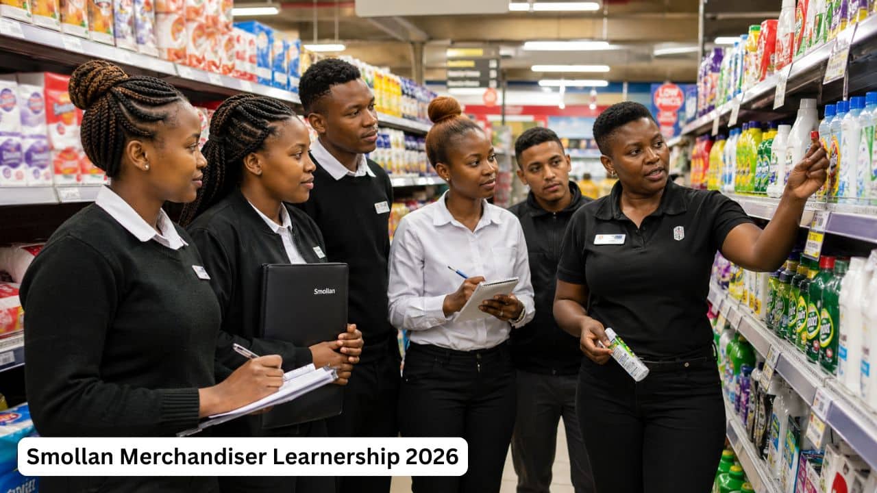 Young South African learners receiving retail merchandising training through Smollan at a Shoprite store.