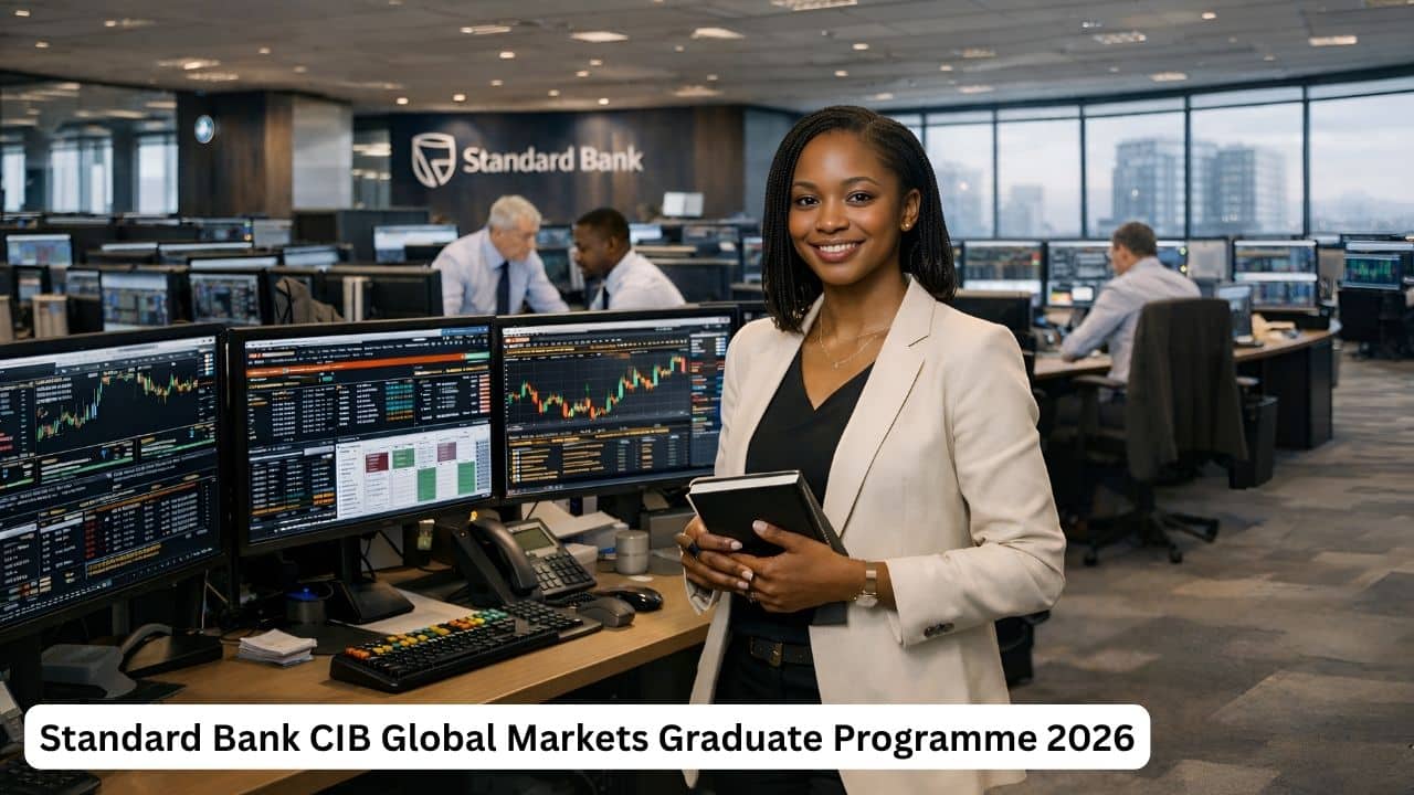 Young South African graduate in a Standard Bank Global Markets office with trading screens and financial analytics