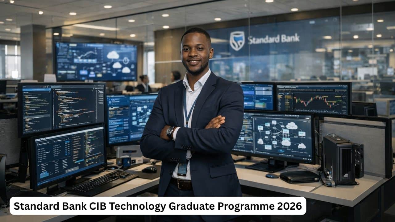 Young South African technology graduate in a corporate banking tech environment with code and analytics screens