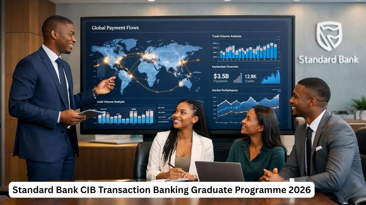 South African graduates in a modern corporate banking office during the Standard Bank CIB Transaction Banking Graduate Programme