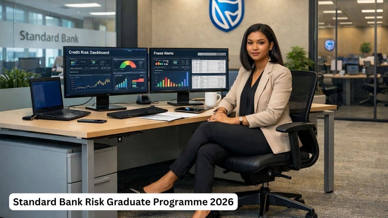 South African graduate working on credit risk and fraud analytics dashboards in a banking office