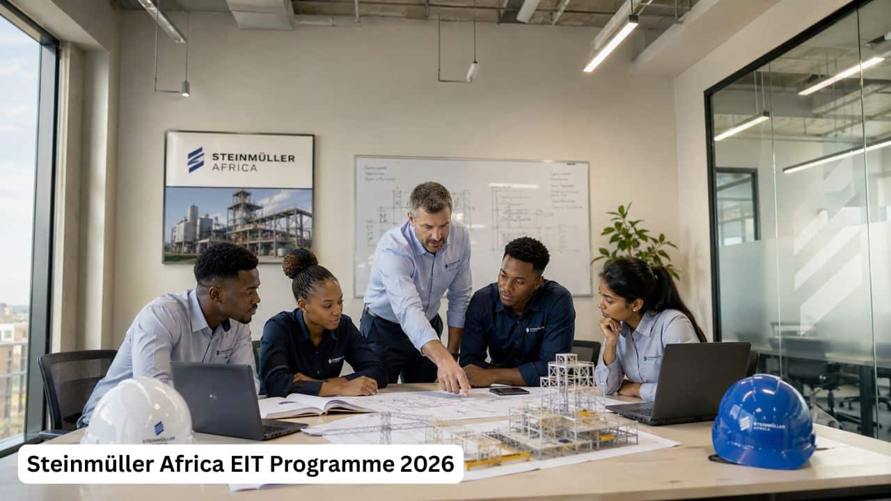 Young South African engineering graduates reviewing technical drawings for the Steinmüller Africa EIT Programme 2026