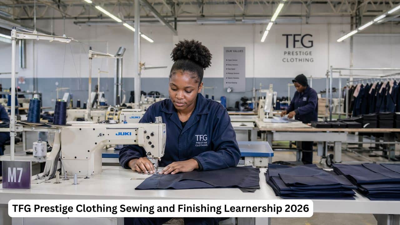 Young South African learner receiving sewing and finishing training at TFG Prestige Clothing factory