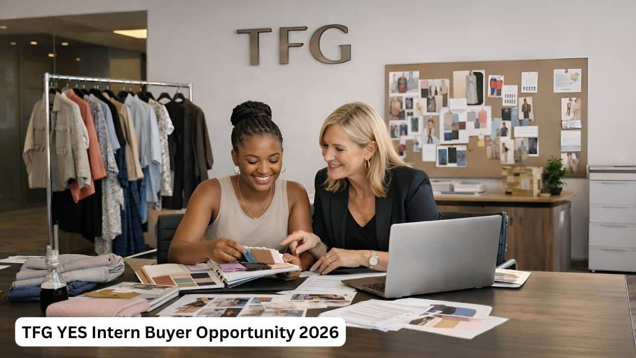 TFG YES Intern Buyer reviewing fashion samples and product plans in a retail buying office