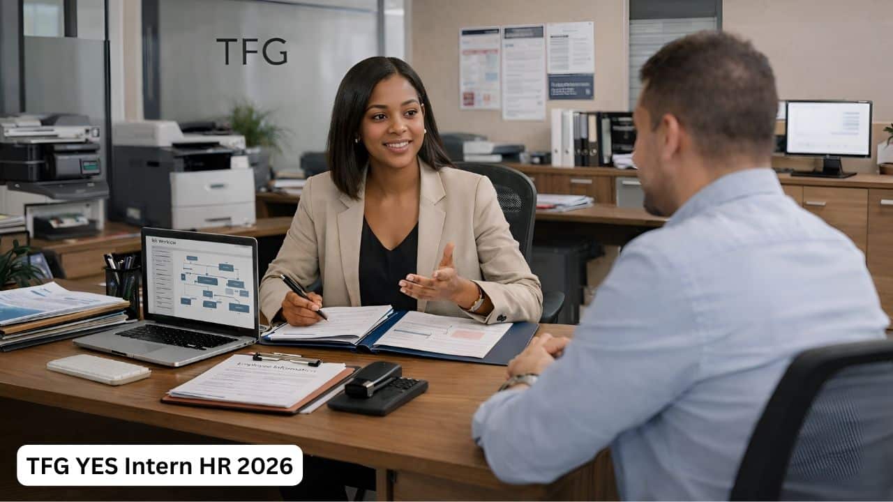 Young South African HR intern working with employee administration documents in a corporate office