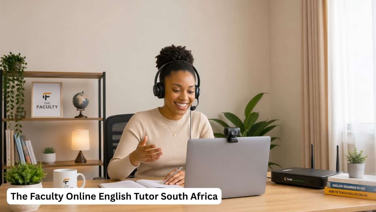 Young South African online English tutor working from home with a laptop and headset