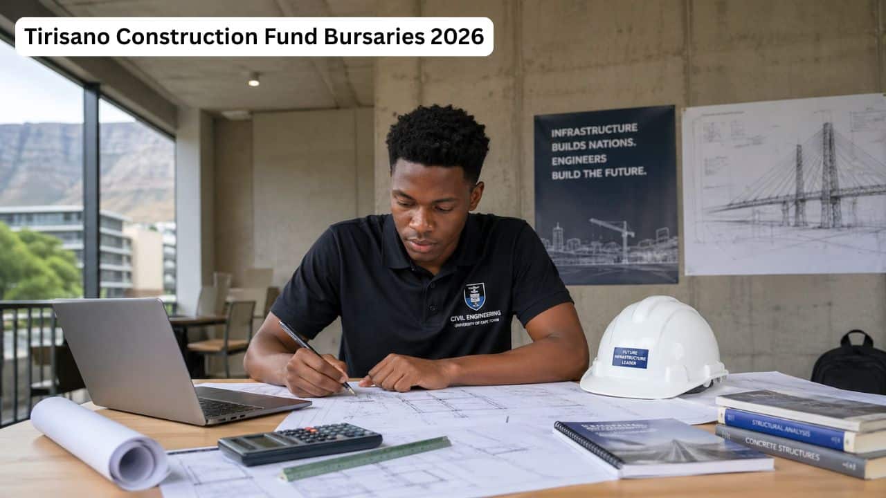 South African student reviewing construction plans while preparing for a built environment bursary application.