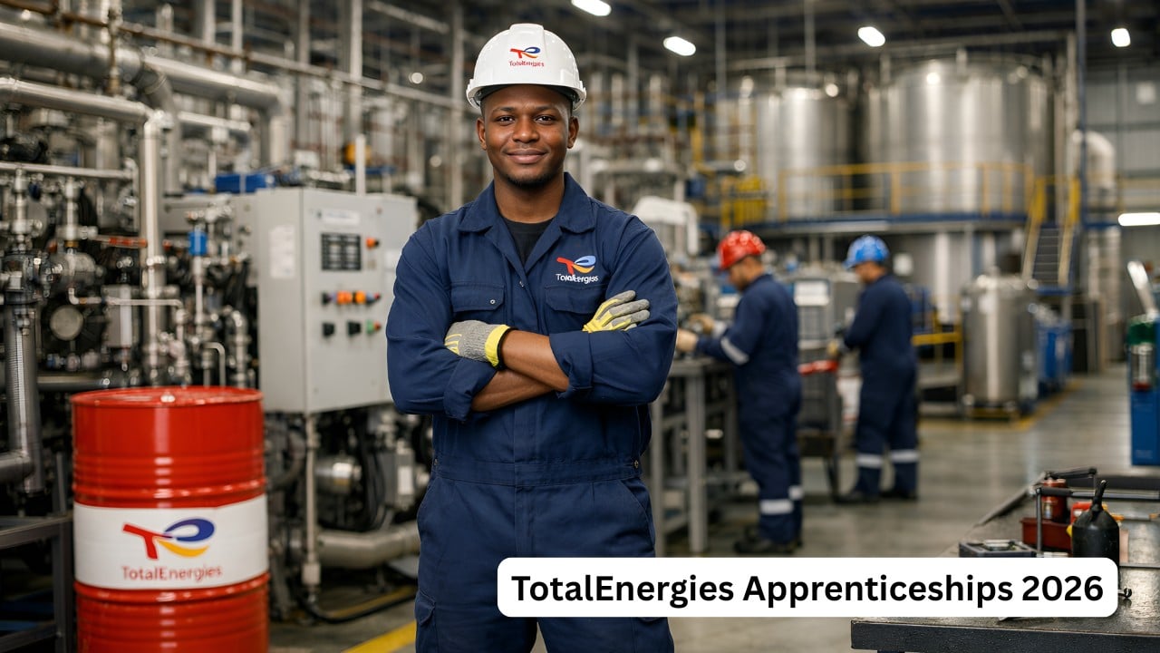 Young engineering apprentice in safety gear inside a manufacturing plant for the TotalEnergies Apprenticeships 2026