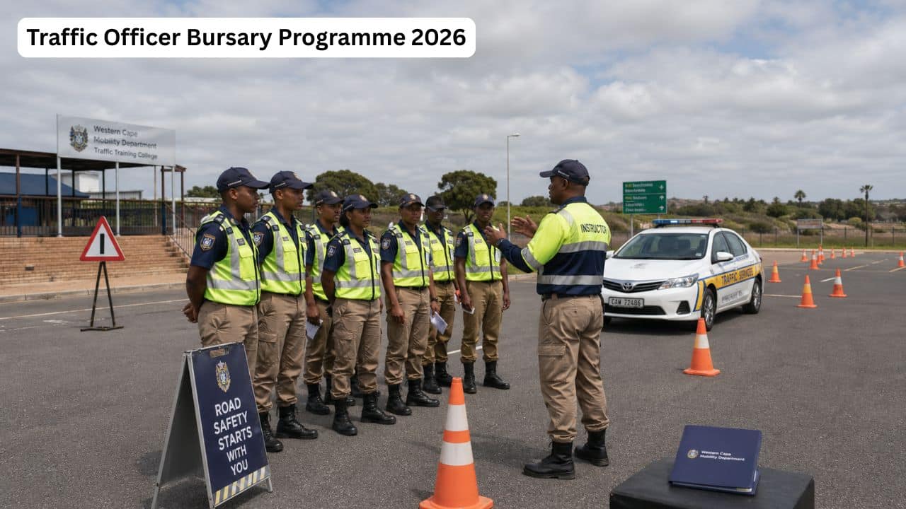 Young South African traffic officer cadets receiving road traffic law enforcement training.