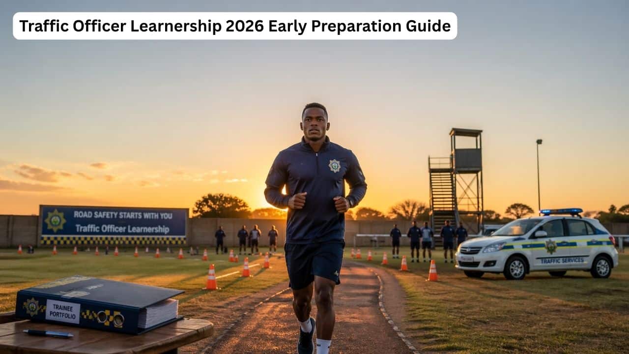 South African traffic officer trainee preparing early for a 2026 learnership with fitness training and documents