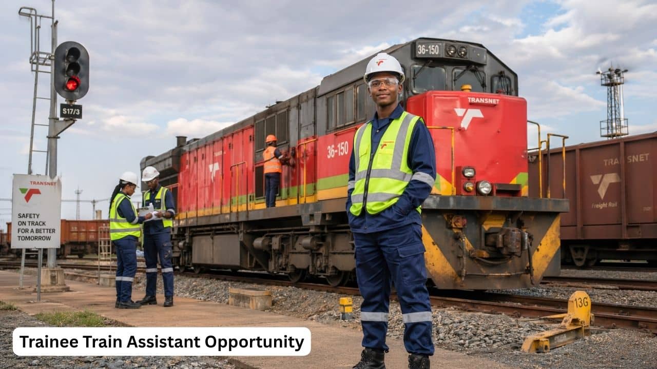 South African Transnet Freight Rail trainee train assistant standing beside a freight locomotive during practical training