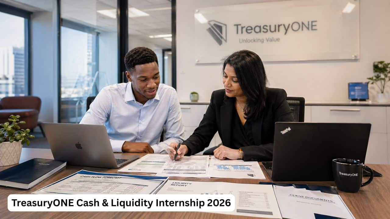 Young South African graduate intern reviewing cash flow and liquidity reports for the TreasuryONE Cash and Liquidity Internship 2026
