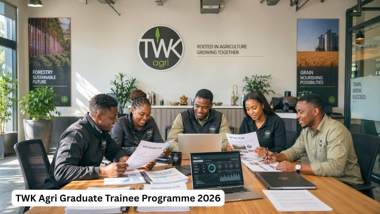 Young South African graduates in a TWK Agri trainee environment reviewing business and agriculture-related documents