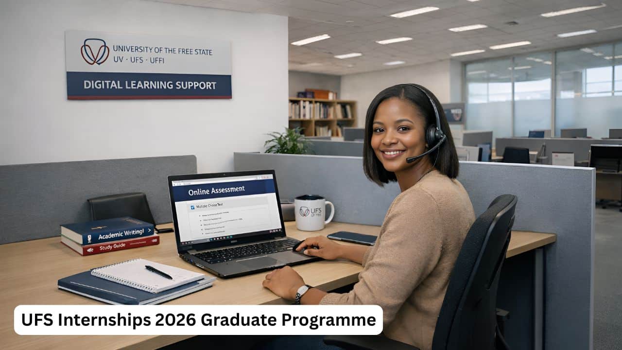 University graduate intern working on a digital learning and assessment platform for the UFS Internships 2026 programme