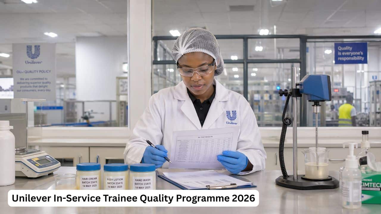 Unilever quality trainee reviewing product samples in a factory laboratory