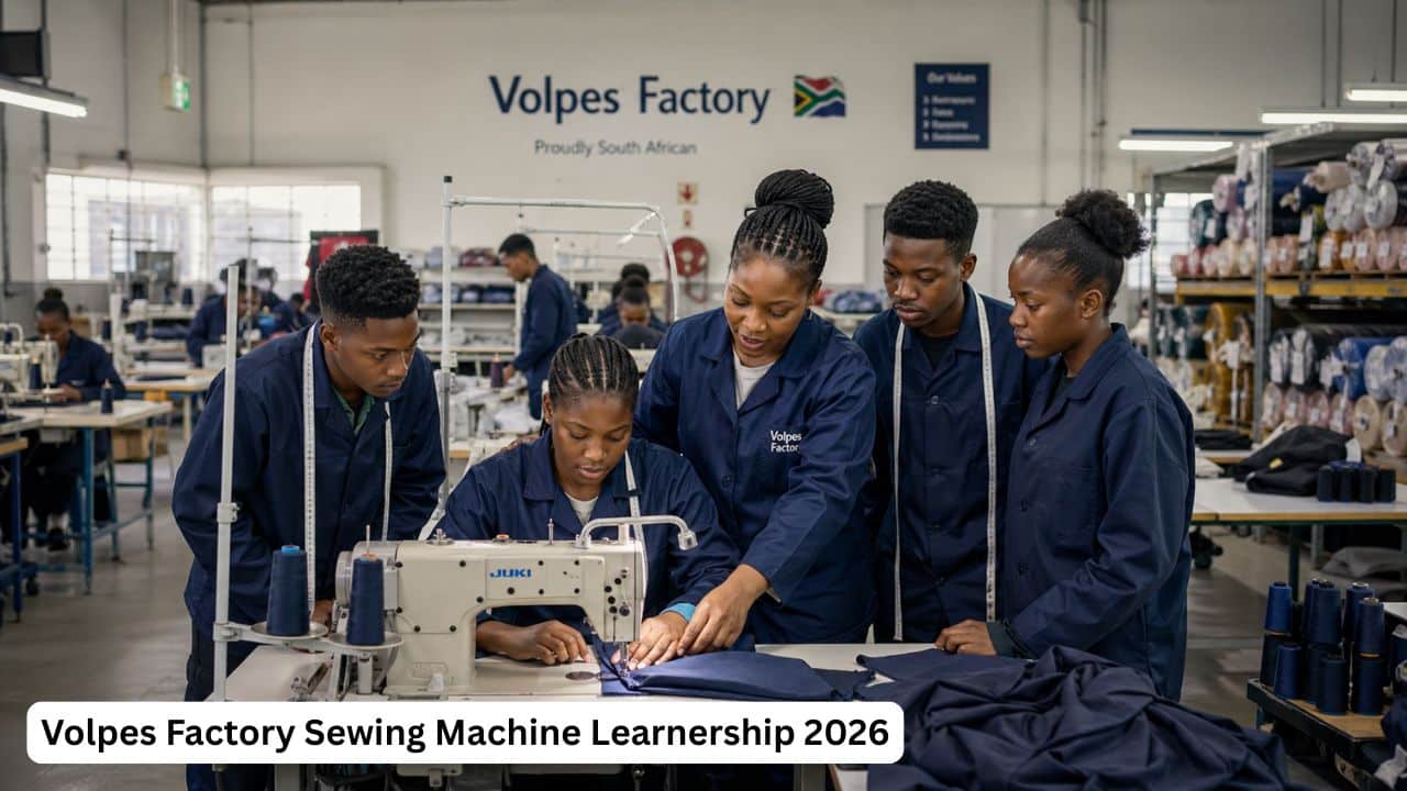Young South African learners receiving sewing machine training inside a Volpes Factory workplace environment.