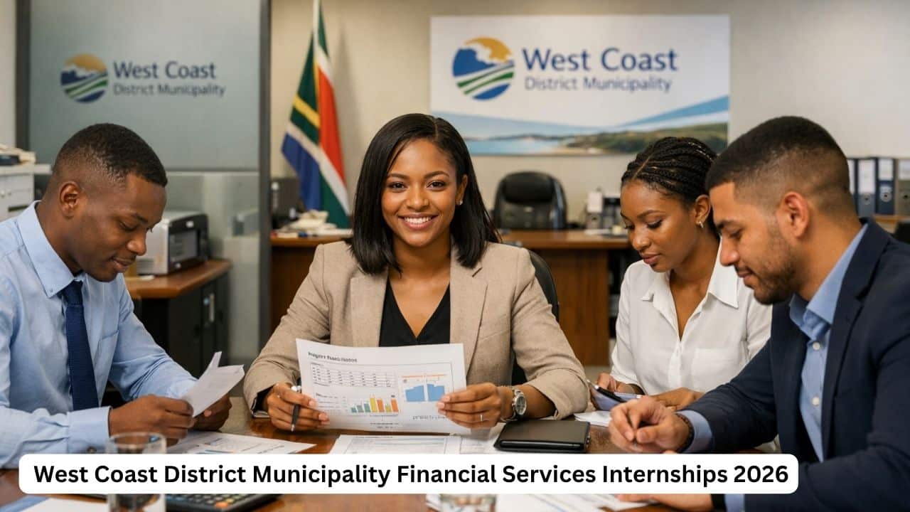 Young South African finance graduates reviewing documents in a municipal office internship setting