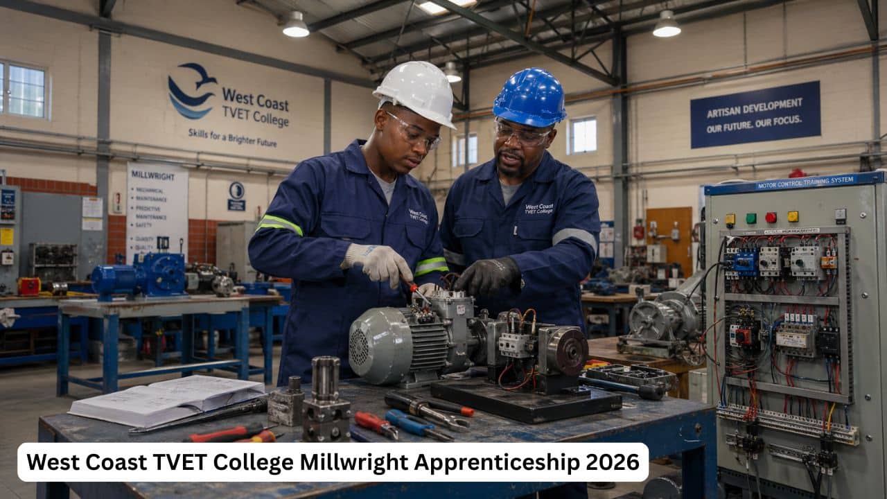 Young South African millwright apprentice receiving mechanical and electrical training at a TVET college workshop.