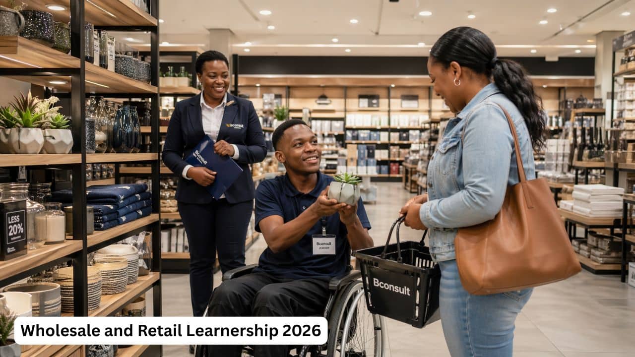 Young South African retail learner assisting a customer inside a modern store