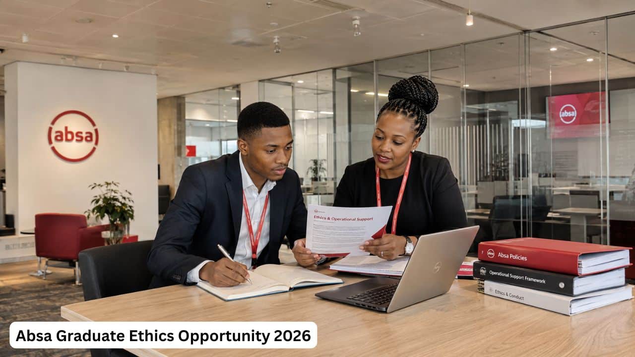 Young South African graduate reviewing ethics and operational support documents for the Absa Graduate Ethics opportunity
