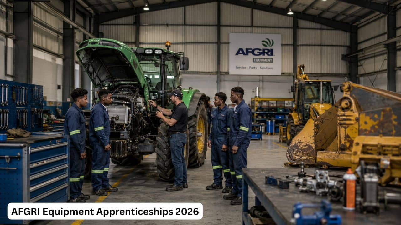 Young South African apprentices training as tractor and earthmoving mechanics at AFGRI Equipment.