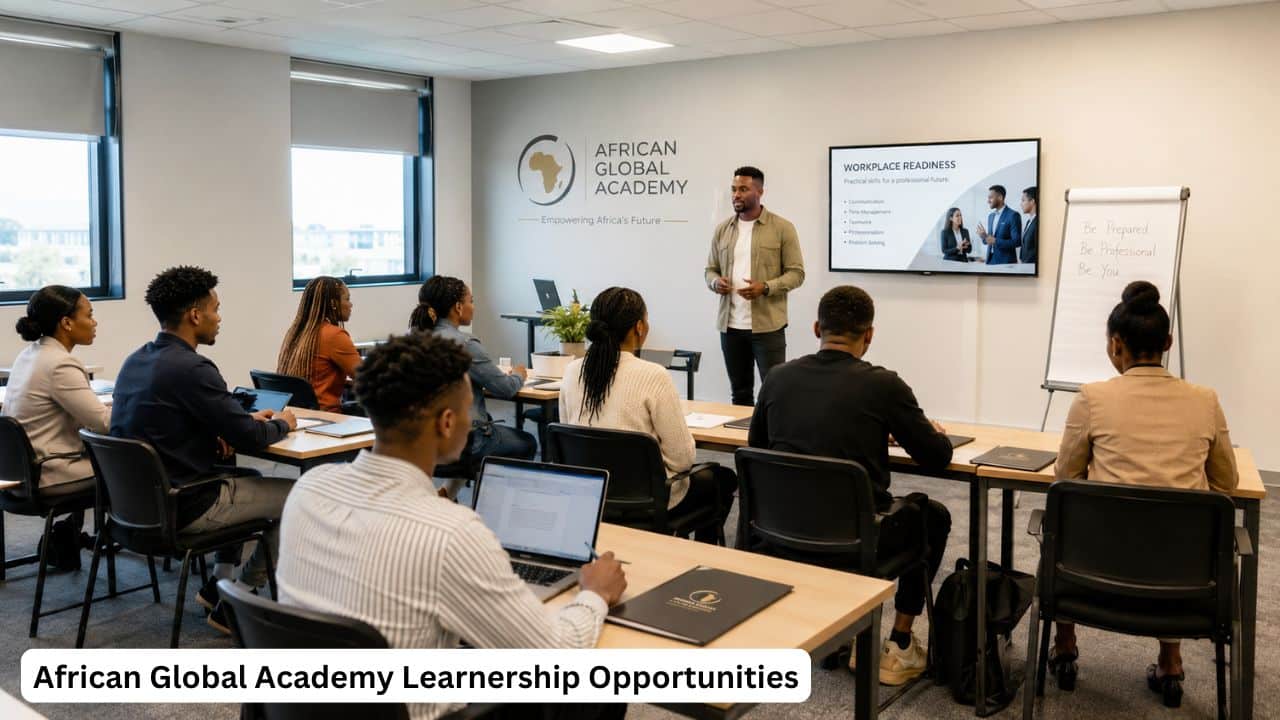 Young South African learners attending a workplace readiness learnership session at African Global Academy
