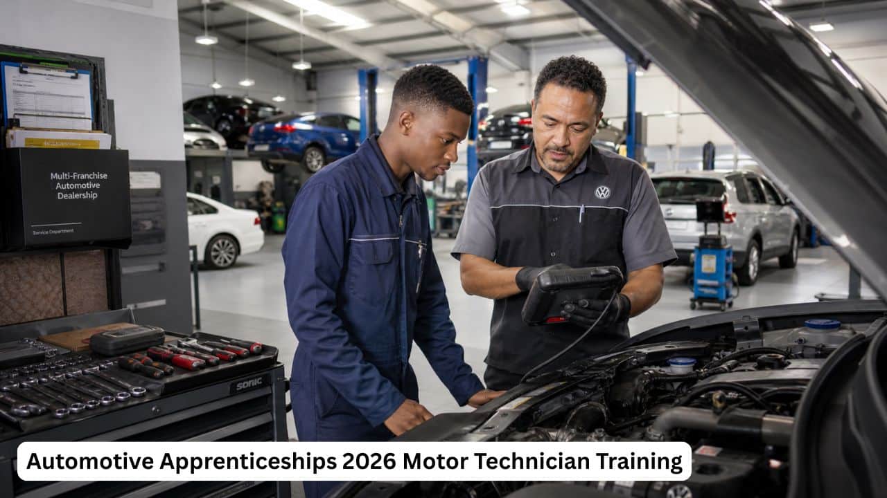 Young South African automotive apprentice receiving motor technician training in a professional dealership workshop.
