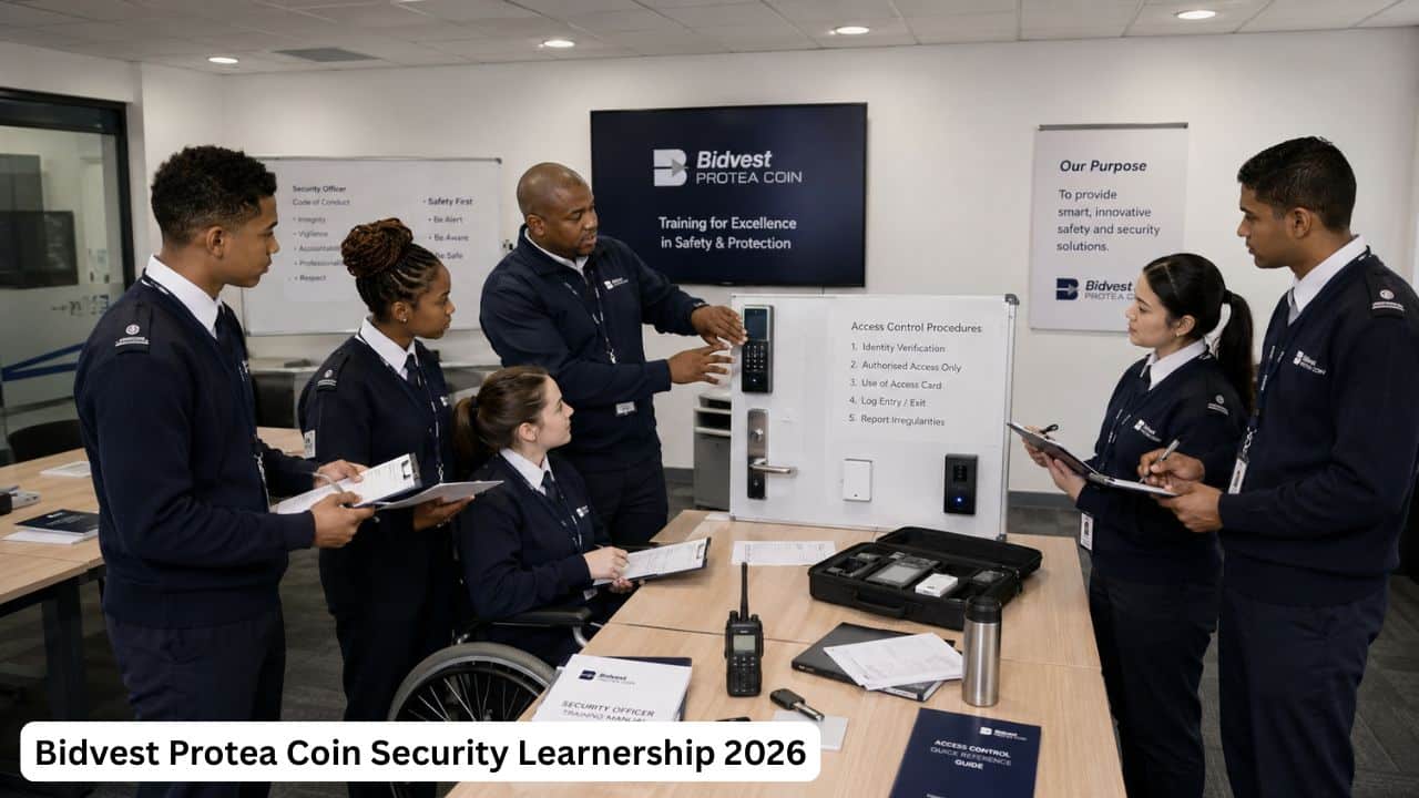 Young South African learners receiving security training through the Bidvest Protea Coin Security Learnership 2026