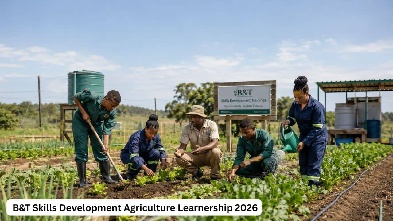 Young South African learners receiving practical agriculture training through B&T Skills Development