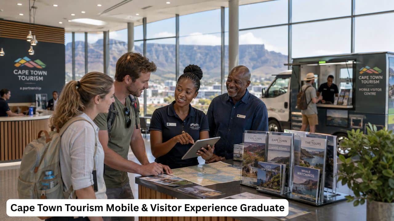 Young South African tourism graduate assisting visitors during a Cape Town Tourism visitor experience internship.