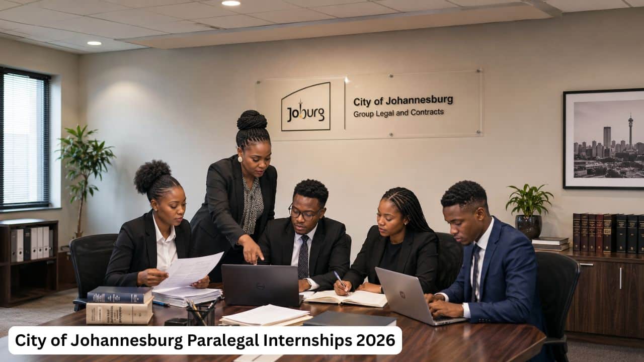 Young South African paralegal interns reviewing legal documents at the City of Johannesburg