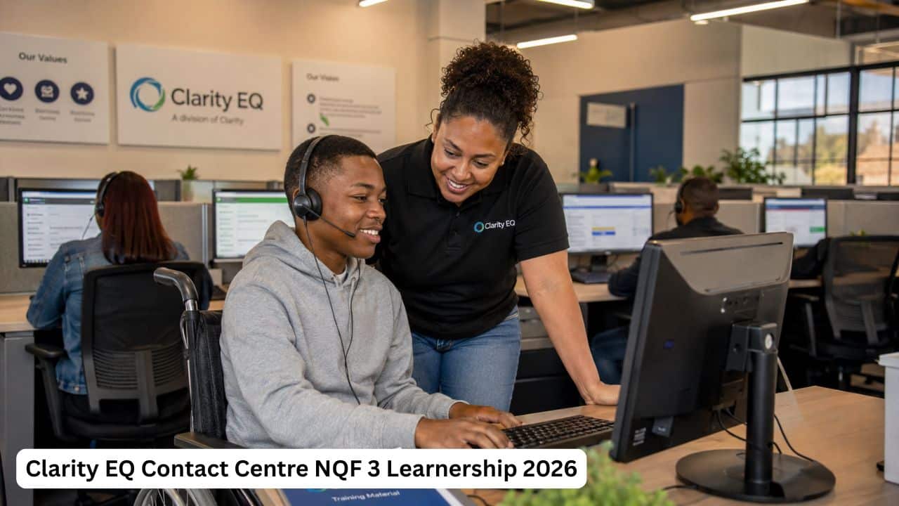 Young South African learner with a disability receiving contact centre training during the Clarity EQ NQF 3 Learnership.