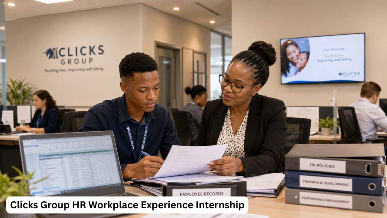 Young South African HR intern gaining workplace experience in a Clicks Group office environment.