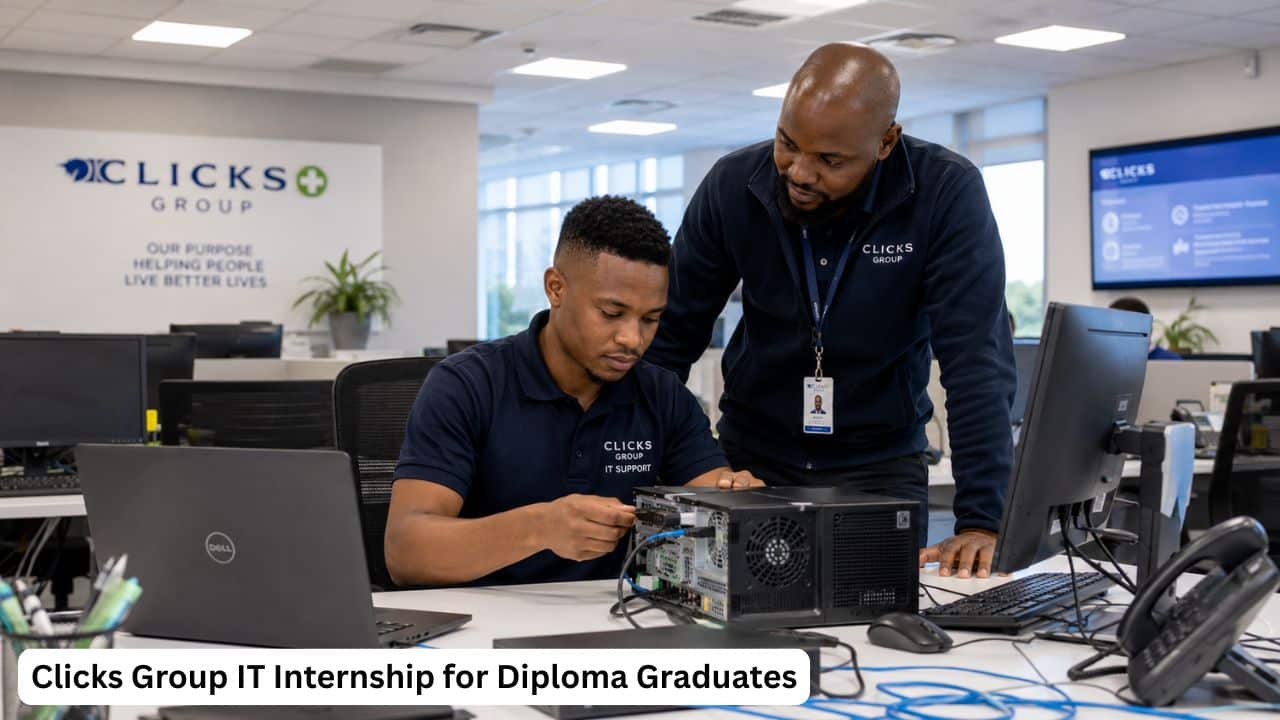 Young South African IT graduate receiving practical desktop support training during a Clicks Group internship.