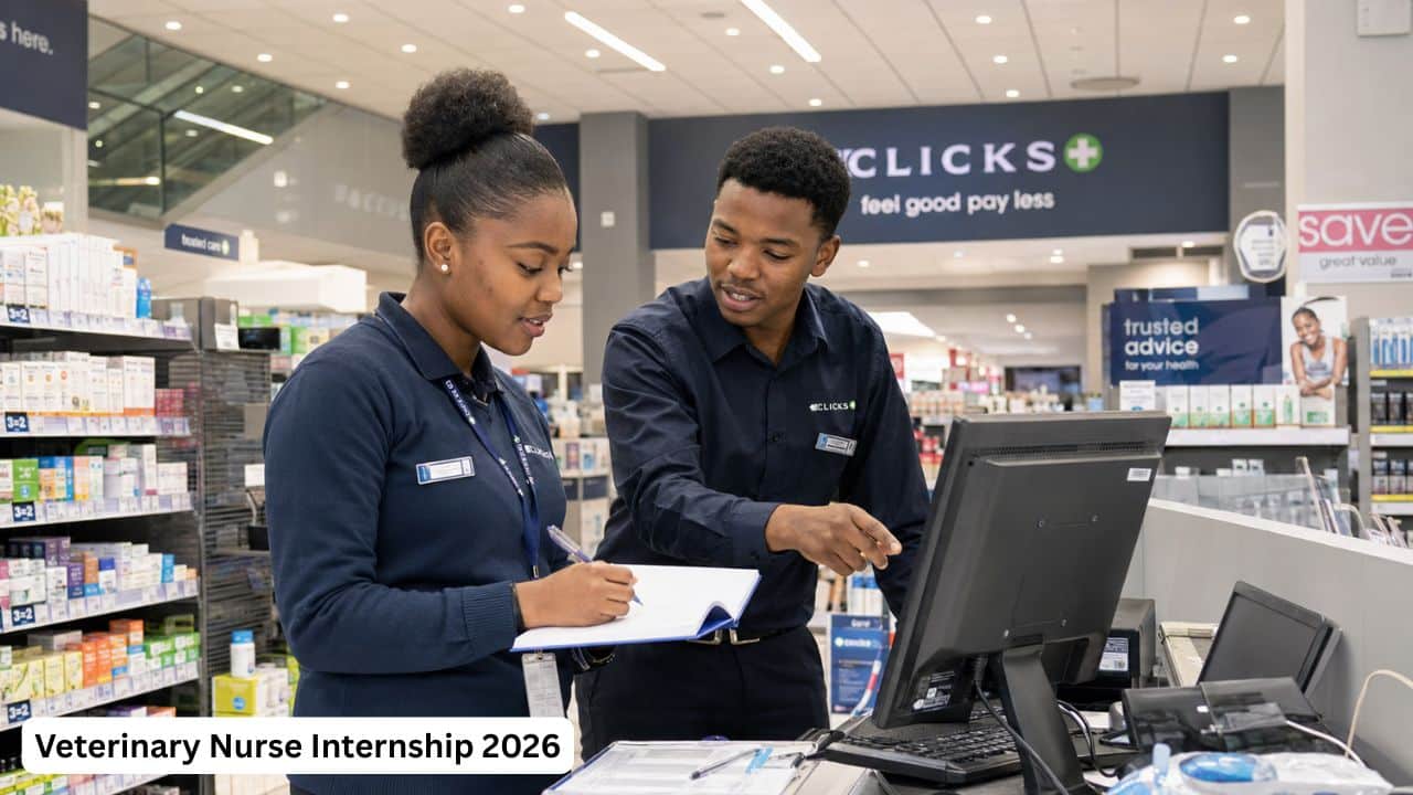 Young South African TVET business intern receiving retail in-service training with a mentor inside a Clicks store.